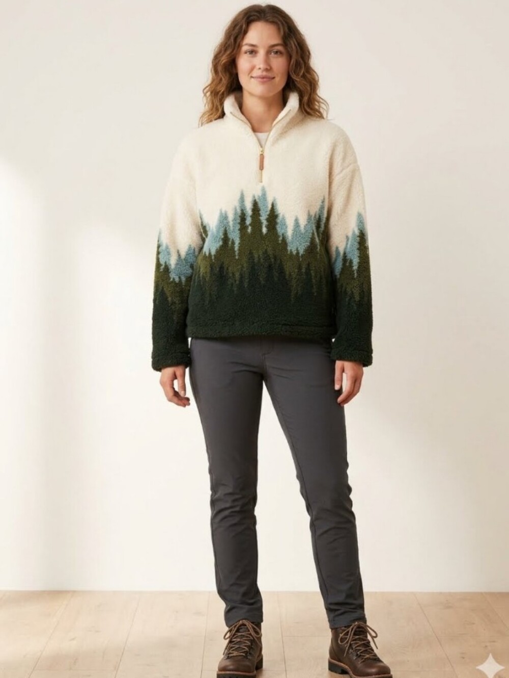 Cozy Forest-Print Sherpa Pullover - Cream and Shades Of Green, M